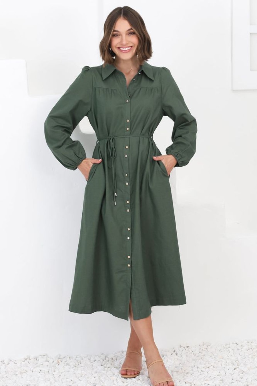 Dresses Salty Crush | Waverly Midi Dress - Linen Button Down Dress In Green