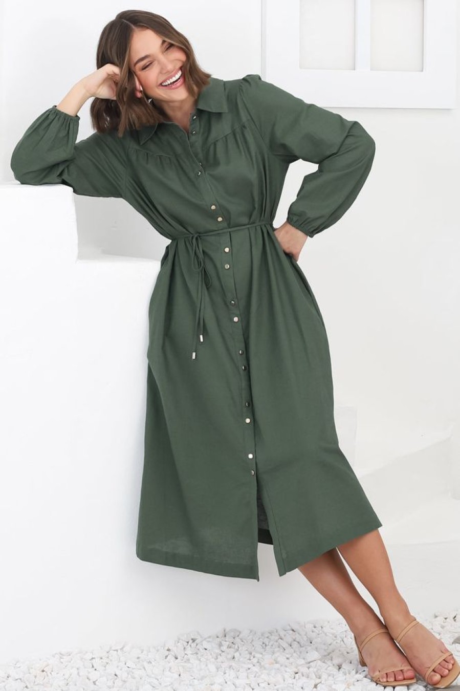 Dresses Salty Crush | Waverly Midi Dress - Linen Button Down Dress In Green
