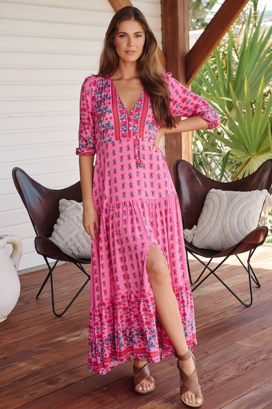 Dresses JAASE | Jaase - Tessa Maxi Dress: A Line Pull Tie Waist Dress In Raspberry Romance Print