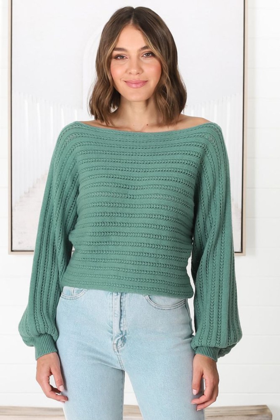Tops Salty Crush | Celina Knit Top - Open Knit Stitch Boat Neckline Top In Sage