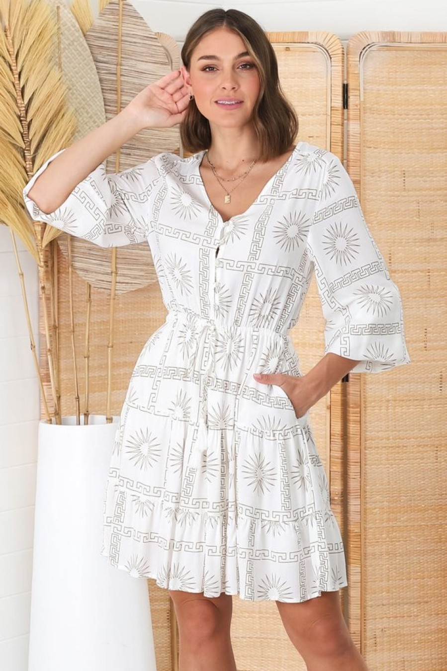 Dresses Salty Crush | Lara Mini Dress - V Neck Long Sleeve Dress In Astra Print