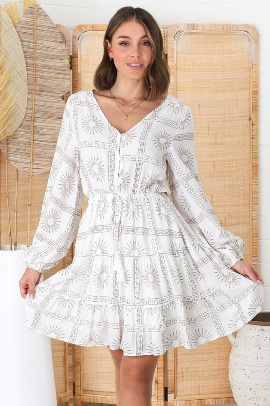 Dresses Salty Crush | Lara Mini Dress - V Neck Long Sleeve Dress In Astra Print