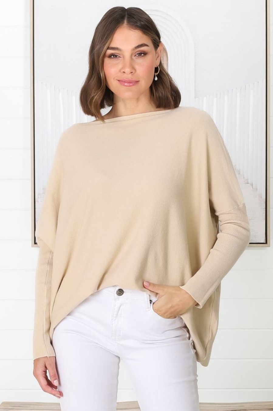 Tops Salty Crush | Belinda Knit Top - Boat Neckline Boxy Batwing Top In Sand