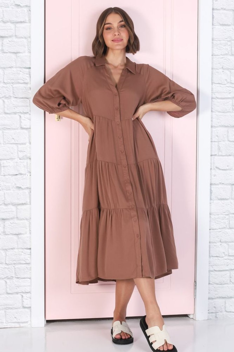 Dresses Salty Crush | Zaraha Midi Dress - Folded Collar Button Down Tiered Dress In Rust