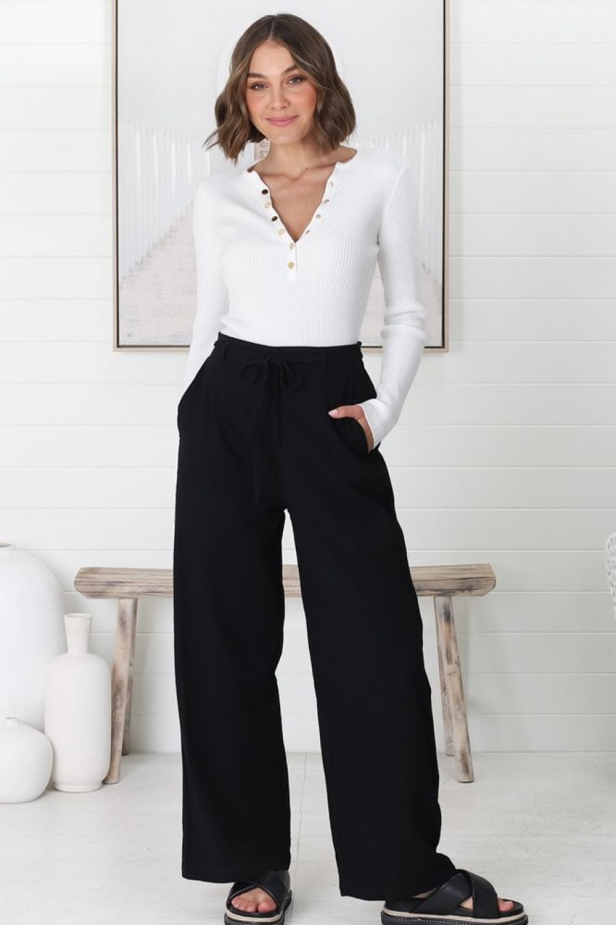 Bottoms Salty Crush | Roswell Pants - Cotton Wide Leg Pant With Plaited Belt In Black
