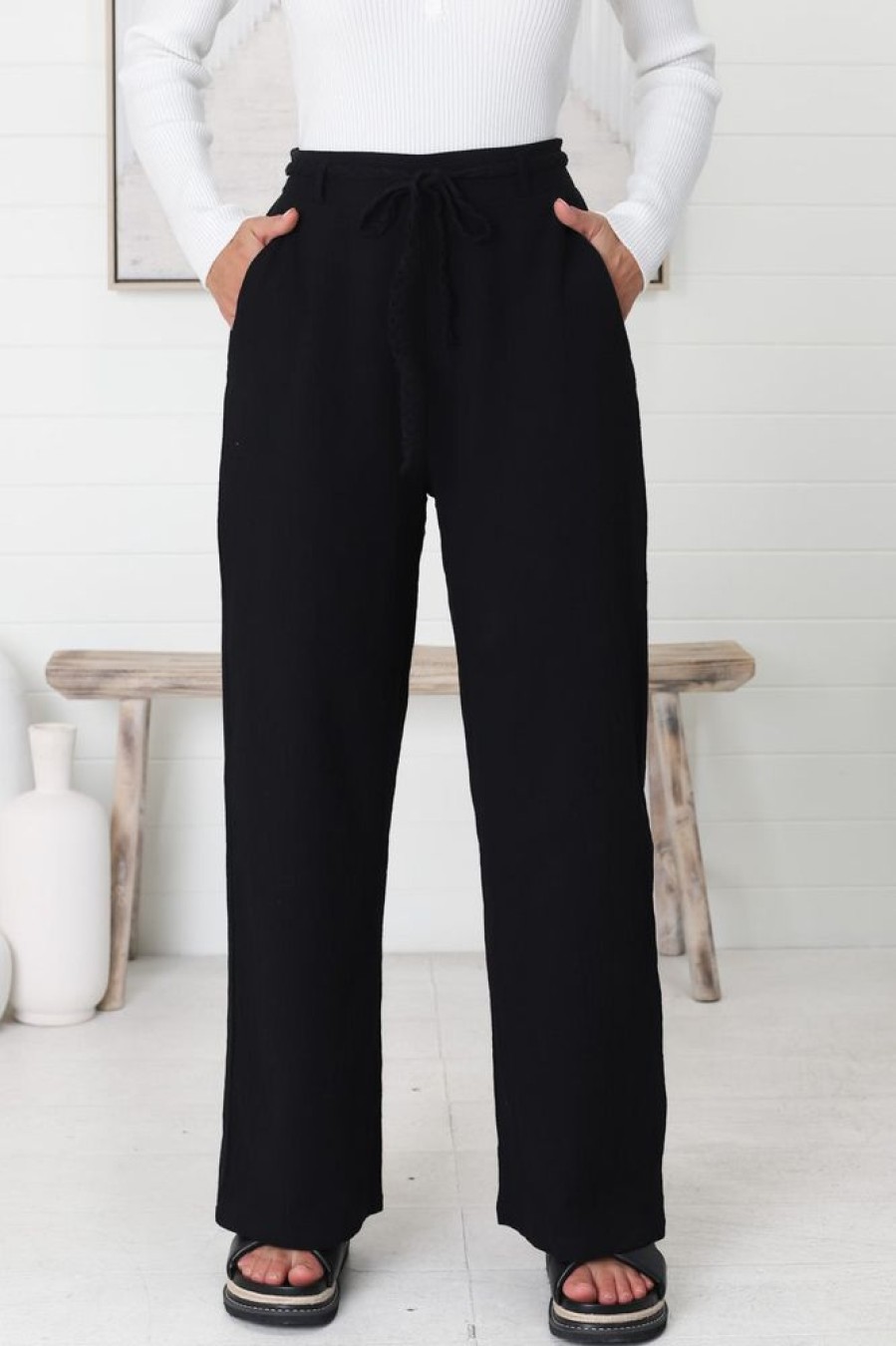Bottoms Salty Crush | Roswell Pants - Cotton Wide Leg Pant With Plaited Belt In Black