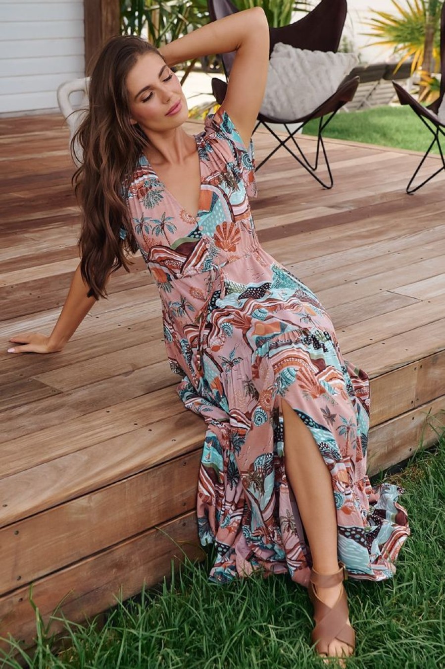Dresses JAASE | Jaase - Melissa Maxi Dress: Pull Tie Waist Dress With Split In Lakeside Serenity Print